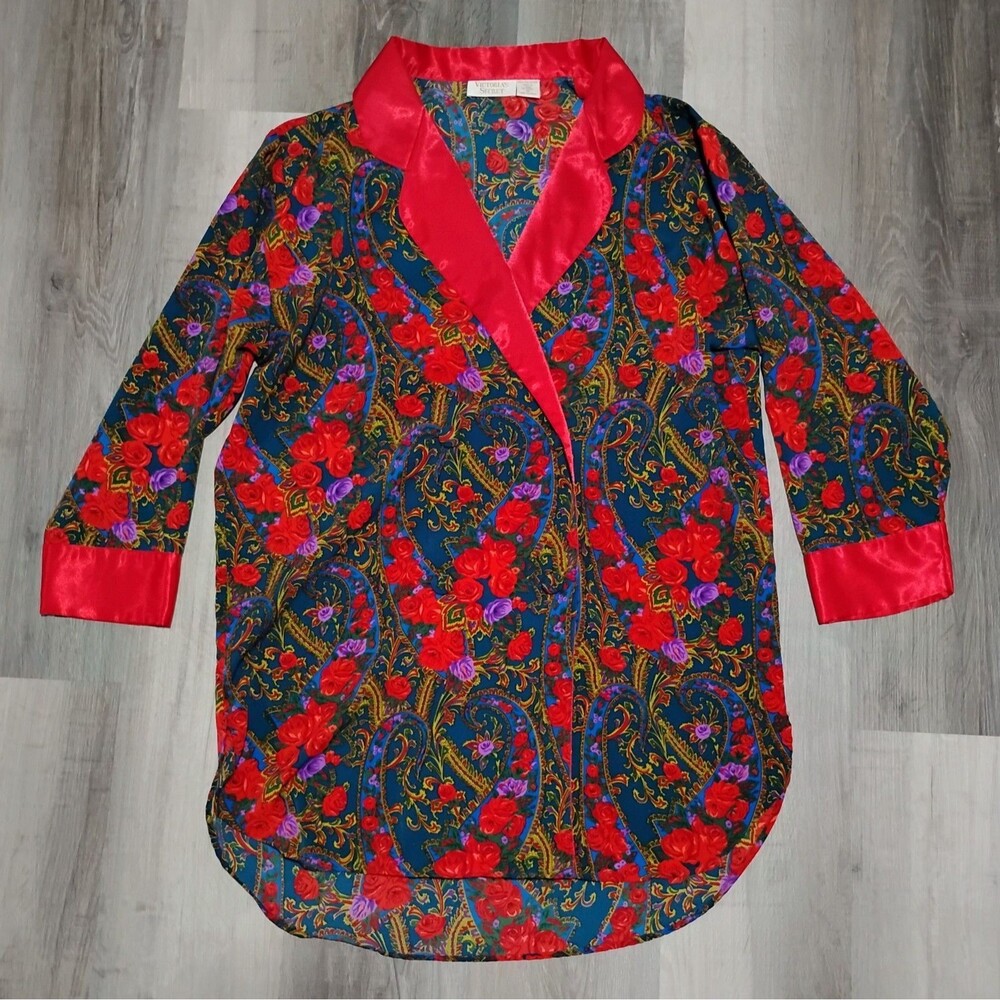 Vtg Victorias Secret Satin Notch Collar Sleep Shirt Womens Medium Red Floral PJs